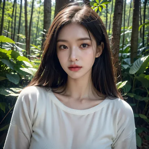 (portrait medium shot:1.3), dramatic light, Rembrandt lighting scheme, (hyperrealism:1.2), (8K UHD: 1.2), ( photorealistic:1.2), shot with Canon EOS 5D Mark IV,  A woman was lost in a dense forest. He felt confused because he didnt know which way to go hom...