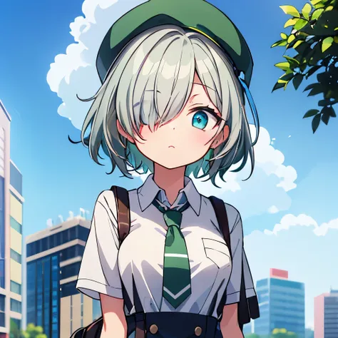 high school girl、Weak pose、Shortcuts、((hair over one eye))、very messy hair、Green and silver hair、Newsboy hat、tie、White Y-shirt、Summer uniform