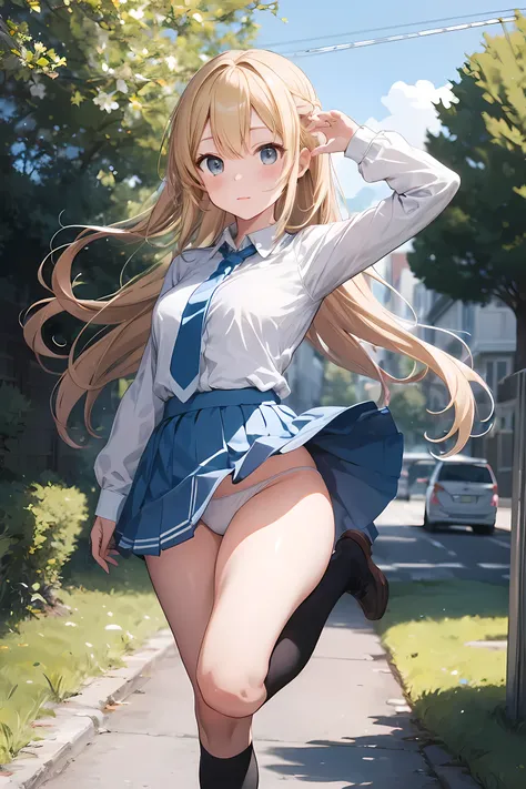 Very nice and beautiful, Anime Style, pretty girl, Standing Split, Standing on one leg, One Girl, Long Hair, Blonde hair, Yellow ribbon, White shirt, White panties, Blue tie, Blue Skirt, Black knee-high socks, (Thin thighs: 1.1), plein air, wind