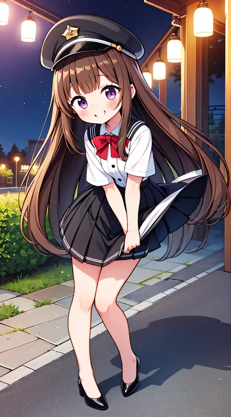 {Highest quality}, {Super beautiful},{Ultra fine},{Best illustration},Brown Hair,Hime cut,semi-long,Bangs,Standing Woman,Uniform cap,White Shirt,Short sleeve,Long black skirt,Night Park,Embarrassed,smilingly,Blushing,Slender women, A woman wearing plain bl...