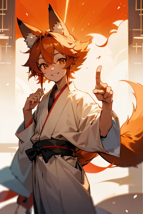 A Foxboy With Light Skin And cinnamon Colored Fox Ears, Hair and Tail with a happy smile on his face, wearing a traditional japanese robe and hat, his ears pointing down due to the hats size.