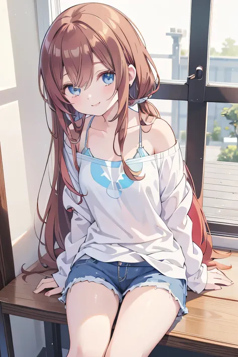 best masterpiece, anime coloring, ultra-detail, 8k、((sitting on the open corridor))、summer, morning, sun、white off-shoulder jean...