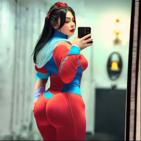 snow white taking a mirror selfie in tight pants, thick, thick thigs, toned backside, big serve, thick, skin-tight outfit, tight...