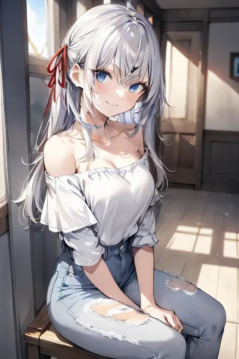 silver hair,blue eyes,Arya、Best masterpiece, anime coloring, ultra-detail, 8k、((Sitting on the open corridor))、summer, morning, sun、White off-shoulder jeans with shorts、from below、looking down、smile、silver hair,long hair,red ribbon,turime,slender,medium br...