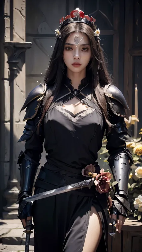 model shoot,1 girl, (innocent face:1.4), long hair, (assassin armor:1.5), black clothes, race:1.5, bare waist, ( beautiful crown:1.5), (flower:1.5), surreal, very detailed, dynamic shot, masterpiece, Sharp details in the scene, perfect eyes, perfect skin, ...