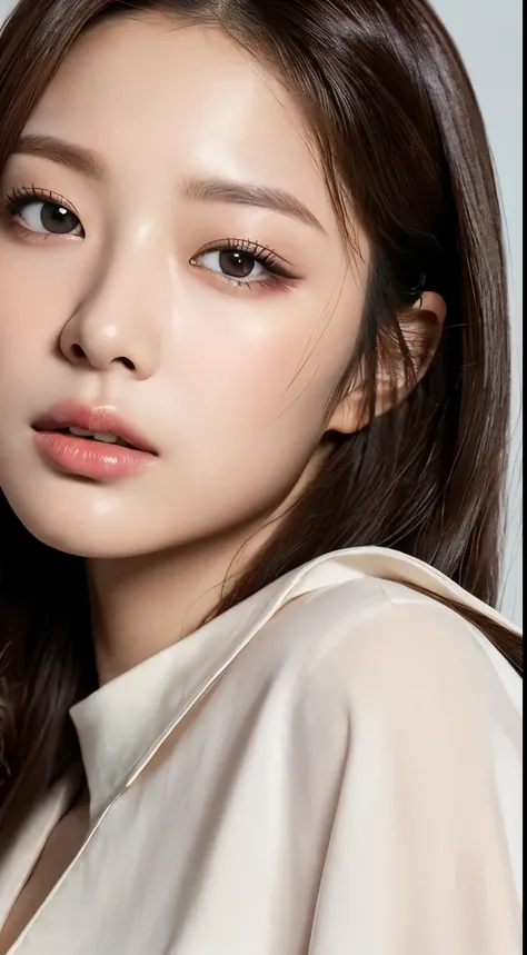 ((top-quality、8K、masterpiece:1.3))、Crisp focus:1.2、Beautiful Women in Perfect Style:1.4、Facing to the side:1.2、((Dark brown hair、huge tit:1.2))、(White button-up long shirt:1.1)、Marble background:1.2、stright long hair、Highly detailed facial and skin textur...