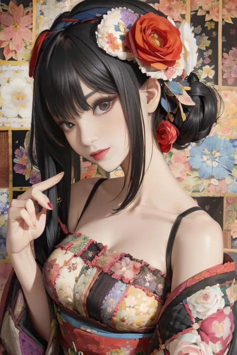 Solarization:1.5,(Patchwork floral tapestry art background:1.5),colorful、Black Hair、length、Korean beauty with matching bangs、Thin eyeliner、Rose Red Lip、Red kimono、Powerful studio lighting、Highest quality、masterpiece、Bokeh Depth of Field、Front Focus