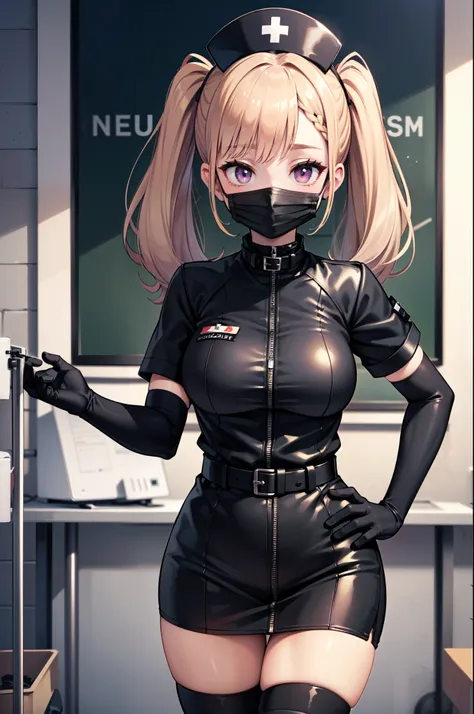 black nurse, 1girl, solo, black nurse cap, black nurse uniform, ((black legwear, zettai ryouiki)), black elbow gloves, twintails, yellow hair, purple eyes, ((black surgical mask, covered nose)), standing, ((surgery room)), sharp outline, short sleeves, bes...