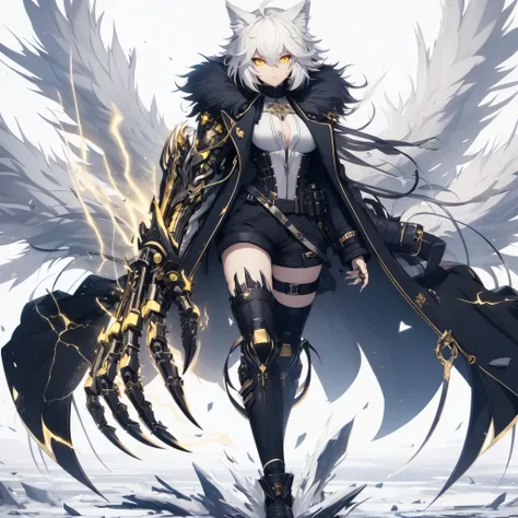 (Masterpiece, top quality), (fine hair), super detailed, anime style, solo, full body, whole body, cyberpunk gang lady, massive, white with yellow mixed with very short hair, gold eyes, right hand converted into a cybernetic claw called the talon of Horus....