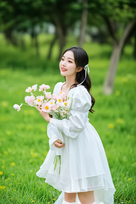 there is a young girl in a white dress holding a bouquet of flowers, with flowers, holding flowers, carrying flowers, in a field with flowers, a cute young woman, beautiful young korean woman, young asian girl, a young asian woman, standing in a field with...