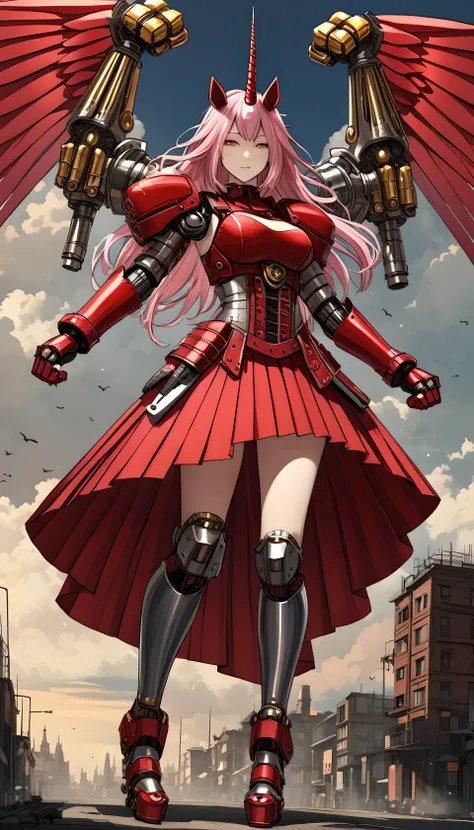 unicorn horn，metal spiral sharp corners,in style of Santiago Caruso,
huge mechanical angel wings,mechanical_halo,1 girl,mechanical wrist,mechanical skirt with pleated skirt,(huge makeover mechanical fists:1.5),the fist flashed red,