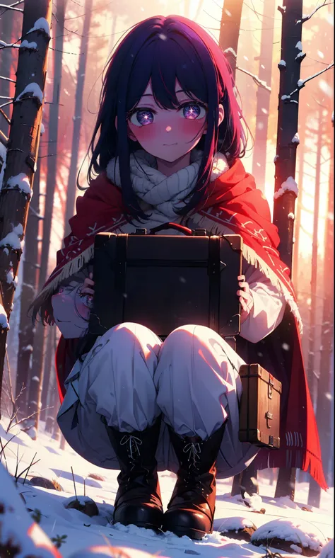aihoshino, Ai Hoshino, Long Hair, bangs, (Purple eyes:1.1), Purple Hair, (Symbol-shaped pupil:1.5), smile,,smile,blush,White Breath,
Open your mouth,snow,Ground bonfire, Outdoor, boots, snowing, From the side, wood, suitcase, Cape, Blurred, , forest, White...