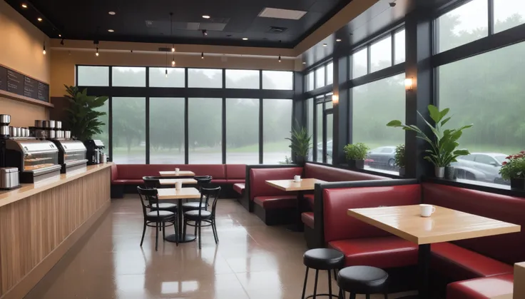  a smooth raining coffee shop inside, tables with coffee, and some windows