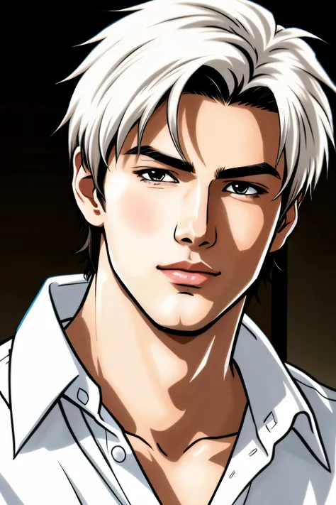 Anime male cartoon. Handsome, tall, white, sharp face, dark brown eyes. 
