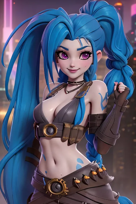 close up 1girl in, Jinx, league of legends, teenager, Solo, long ponytails, blue hair, super long blue hair, pale skin, full medium breasts, cleavage, runners body, (thin hips, thin waist: 1.25), (arched back:1.12), detailed skin, neutral face, mischievous...