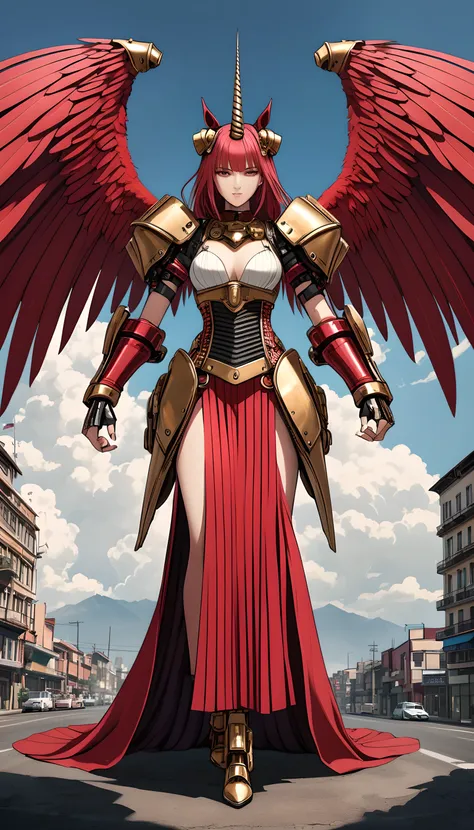 unicorn horn，metal spiral sharp corners,in style of Santiago Caruso,
huge mechanical angel wings,mechanical_halo,1 girl,mechanical wrist,mechanical skirt with pleated skirt,(huge makeover mechanical fists:1.5),the fist flashed red,