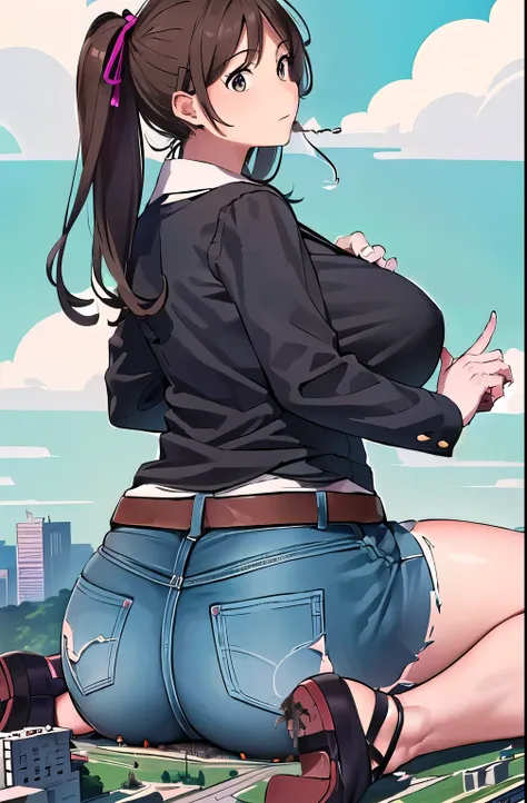 giantess, ((A giant lady bigger than a continent), Woman stooping, mamiya_kantaicollection, huge breast, Mature Woman, big ass, denim, shirt, low angle, View from the womans feet, Great impact, Very small city, city, Woman sitting, Woman about to sit down,...