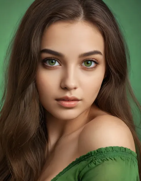 girl with hourglass figure, 70% difference from the waist. brunette, long hair, well-groomed 25 years old. ultra textured light skin with beautiful retouching. natural,big 2 color green-brown eyes with more brown color at the pupil.green color with #190323...