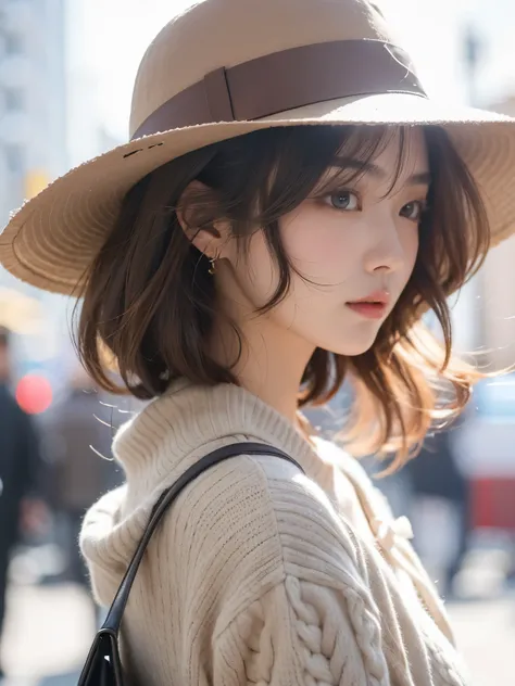 Beautiful Chinese girl brunette hair, hat, sweater, shoulder bag