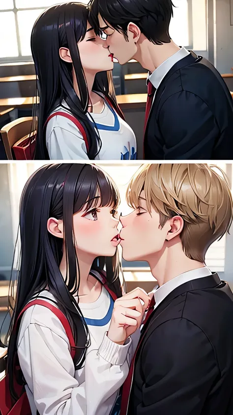 There are two photos of a man and woman couple kissing、Deep Kiss、tongue、love、high school student