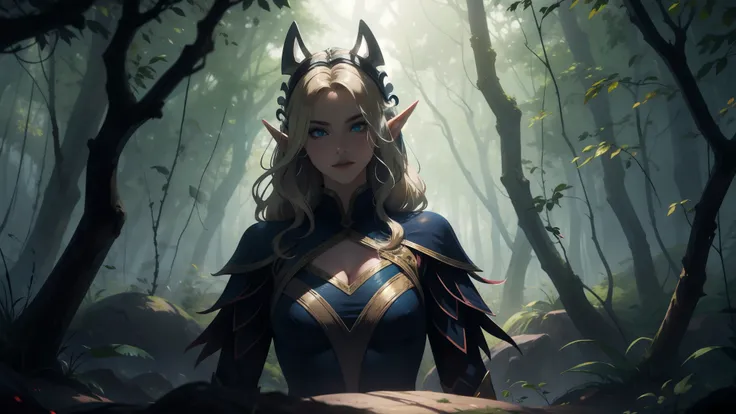 "Elf with a captivating look, unearthly beauty, flowing golden hair, pointed ears, dressed in elaborate elven attire, surrounded by a mystical forest, soft sunlight, breaking through lush greenery."