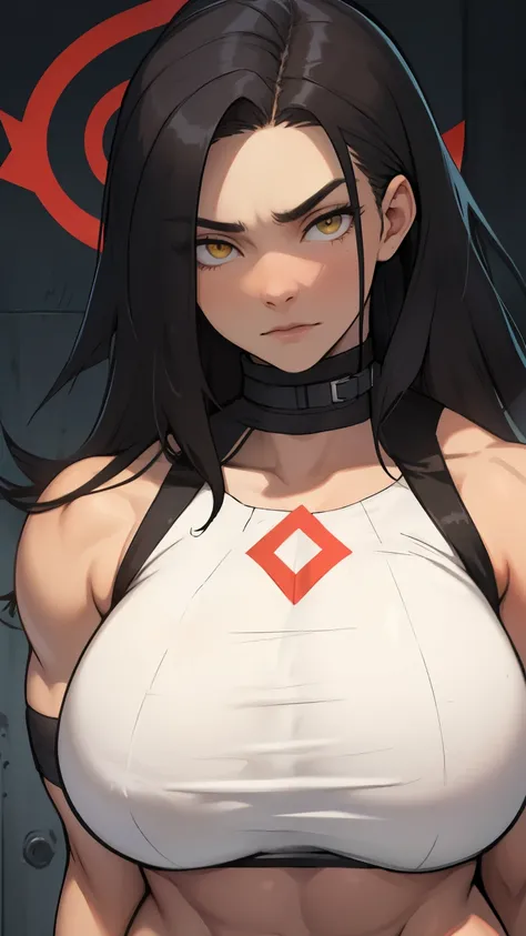 massive hair massive muscles massive breasts massive legs massive thighs massive body super thick black hair yellow eyes pale skin long hair expressionless sad girl