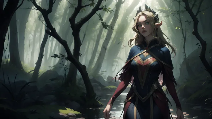 "Elf with a captivating look, unearthly beauty, flowing golden hair, pointed ears, dressed in elaborate elven attire, surrounded by a mystical forest, soft sunlight, breaking through lush greenery."
