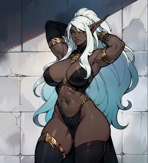 extremely long hair, ((face behind hair)), anthro, perfect anatomy, Defeated_villainess, high, solo, with forms, (naked), (((beautiful high elf body))), dark elves, high грудь, large_boobs, dark skin, female white_hair big_boobs large_thigh athletic barbar...