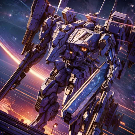(Obra de arte, melhor qualidade:1.5).Mech branco e azul com detalhes dourados, médio, segurando uma sniper azul grande. Extremely detaild, 8K, HDR, naturallight, cinematic lighting, masterpiece-anatomy-perfect, Ultra HD, (Space Combat:1.5, Battlefield:1.5)...