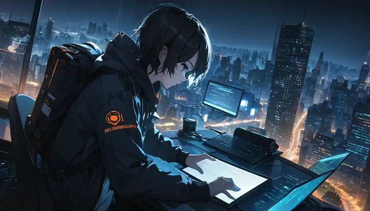 ((L)), ((Logo)), Wallpaper, Tech, ((Hacker)), ((Coding)), Rooftop, City, Night, HD, High Resolution, Masterpiece, 4K