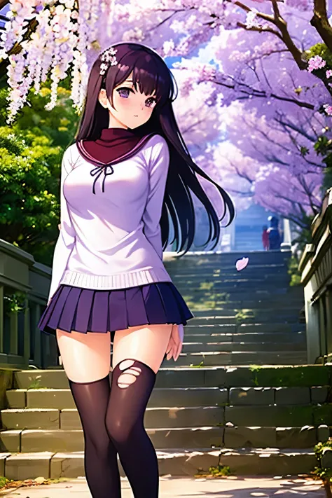 best quality,masterpiece,1girl, solo, (torn clothes:1.3), ,cross_print,red_sweater,turtleneck_sweater, black_skirt,  miniskirt, pleated_skirt, black_thighhighs,zettai_ryouiki,,Wallpaper Fusion, dappled sunlight, day, flower, hydrangea, leaf, light rays, na...