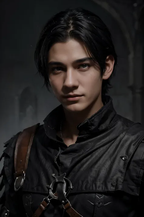 boy 16 years old with black hair, , grey eyes, cheerful look, dark fantasy character design, epic exquisite character art, dark fantasy art, Full view, Amazing character art. yokel,