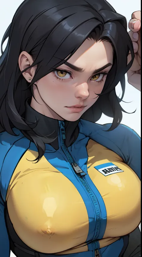 best quality close up pilot suit black hair yellow eyes muscular girl pale skin breasts