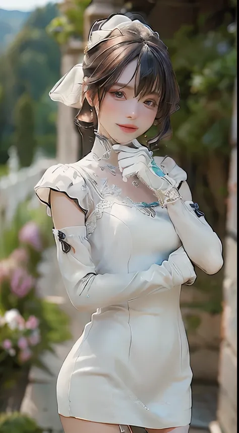 (photo realistic:1.55), masterpiece, best quality, detailed, blurry, depth_of_field, blurry_background, blurry_foreground, 1girl, gloves, white_gloves, dress, motion_blur, photo_(medium), solo, white_dress