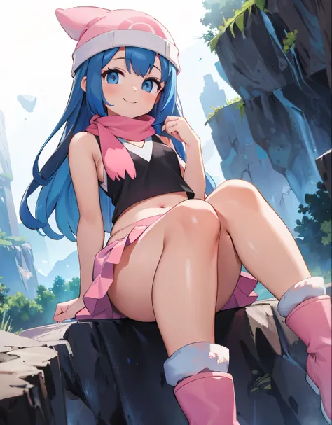 (best quality,4k,8k,highres,masterpiece:1.2), ultra-detailed, realistic:1.37, HDR, studio lighting, vivid colors, bokeh, a girl on the top of a cliff, Hands on knees,beautiful girl,(pokemon), beanie, long hair, blue hair, blue eyes, detailed eyes, beautifu...