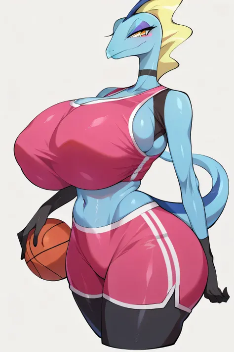 score_9, score_8_up, score_7_up, BREAK, solo, breasts, makeup, short sportswear, 
holding basketball, ((huge breasts :1.5)), big ass, upper body, portrait, mature Inteleon, simple background, thick thighs, wide hips, big ass, slightly showing crack in the ...