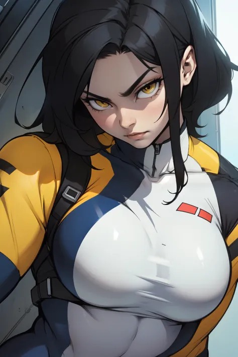 best quality close up pilot suit black hair yellow eyes muscular girl pale skin breasts