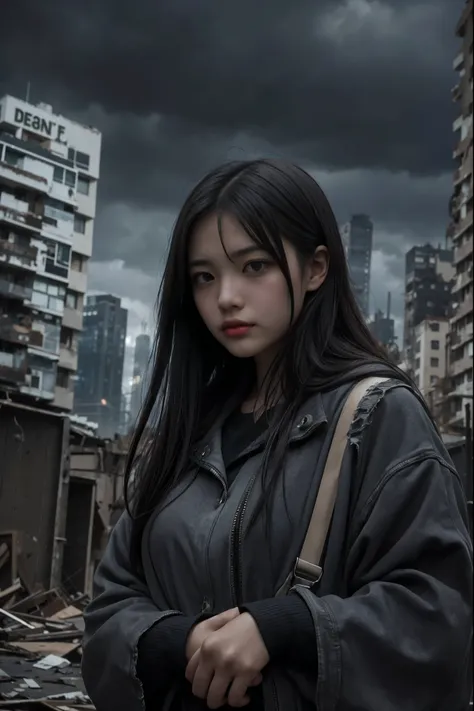 A hauntingly beautiful cinematic photograph of a young woman standing amidst the remnants of a futuristic, half-ruined cityscape. Towering, gigantic machines and buildings loom around her, casting shadowy silhouettes. The womans face tells a story of longi...