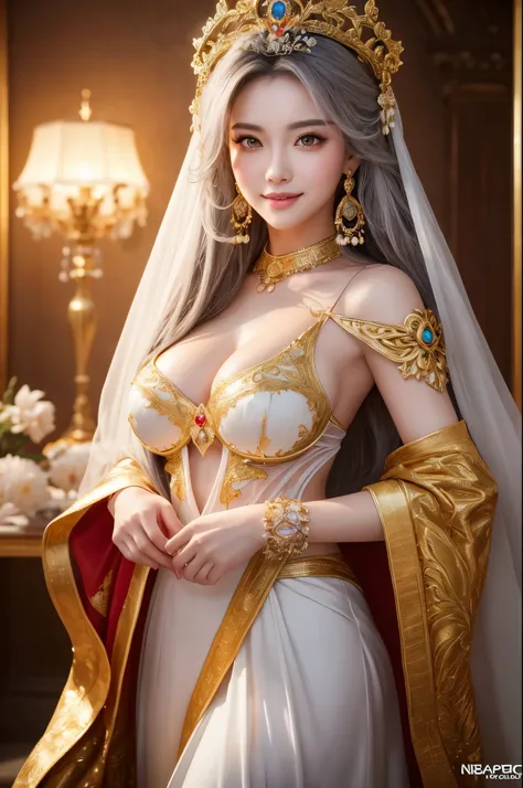 8K,Empress goddess wearing a gorgeous white dress, Gray Hair,Mature goddess with very very large breasts,Super Beauty(Like the real thing)Ultra-realisticな肌,sexy goddess costume,Beautiful long white hair,Delicate and detailed golden decoration,Fan Art Best ...