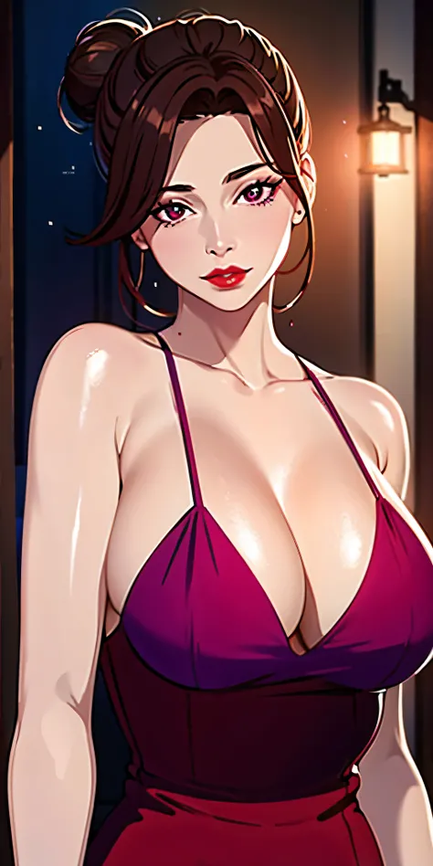 masterpiece:1.5, best quality:1.5, aesthetic, 1girl, sidelocks, cinematic lighting, sharp focus,large breasts , mature female,  ,16k, glowing eyes, detailed 4k eyes,
playground,seduction,sexy lips, parted lips,detailed lips,
red lips, high detailed backgro...