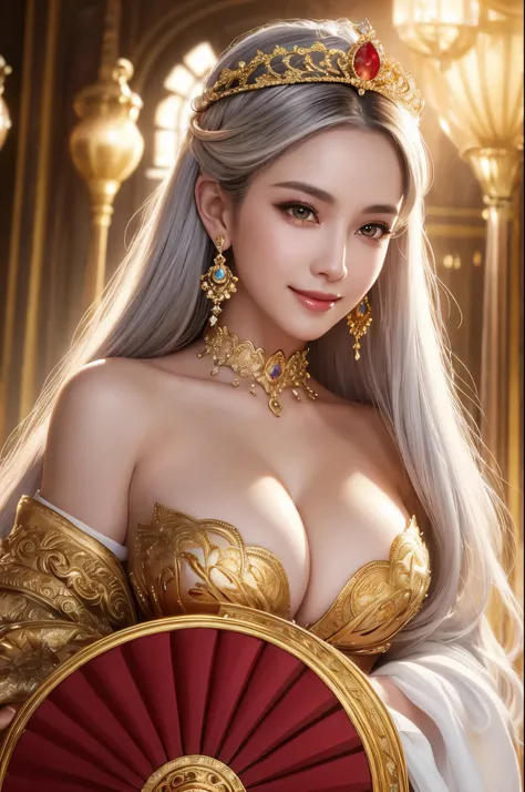 8K,Empress goddess wearing a gorgeous white dress, Gray Hair,Mature goddess with very very large breasts,Super Beauty(Like the real thing)Ultra-realisticな肌,sexy goddess costume,Beautiful long white hair,Delicate and detailed golden decoration,Fan Art Best ...