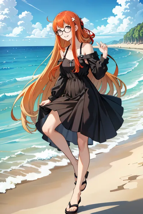 ((masterpiece, best quality))
 Persona5FutabaSakura, 1girl, solo, long hair, glasses,  In a beach, wearing a flowing dress, black toenail, smiling