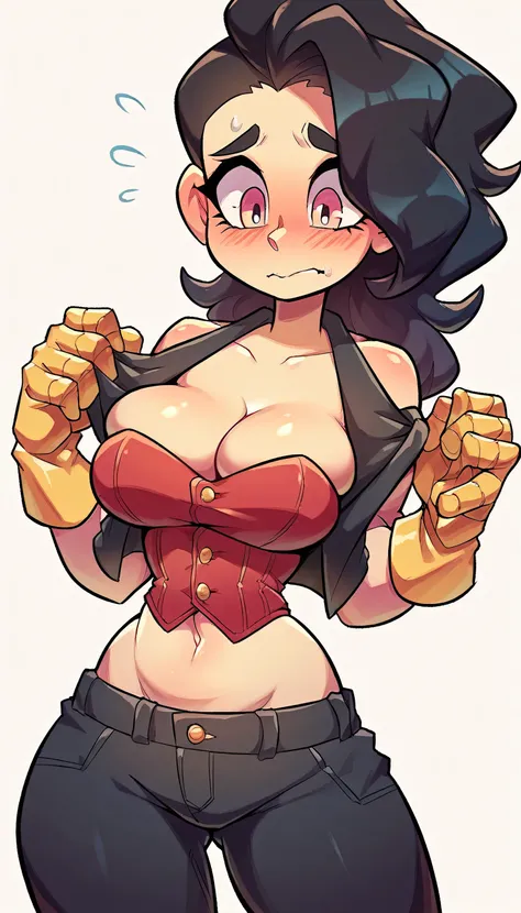 A shy girl nervous afraid dumb silent sexy cute beautiful beautiful big breast long wavy black hair her pink eye wears a red corset under a black vest shows her navel and a metallic black pants yellow boot long yellow metal gloves 