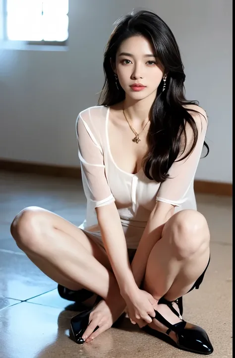 (masterpiece:1.3), (8 thousand, realistic, RAW photos, best quality: 1.4), (1 woman),(sheer silk blouse), (short skirt), (양 다리에 짙은색 realistic 팬티 스타킹 신고), (Wearing high heels on both feet), (Wearing high heels on both feet), (full body shot), (Beautiful mak...