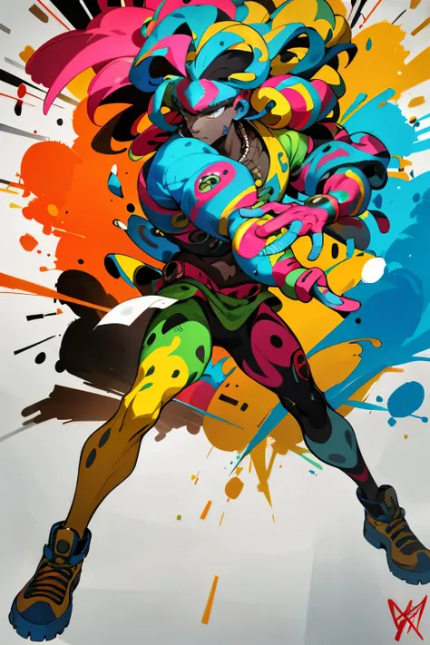 Artwork titled "JonOne S2":

In the center of the canvas, a distinctive figure emerges. This is JonOne, the renowned graffiti artist, his iconic afro doming the composition. The colors are vibrant and dynamic, a testament to his unique style, combining ele...