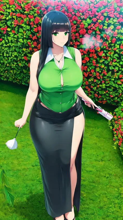 a tall woman temple teacher I learned wind air blower leaf long black hair her green eye wears a green sleeveless shirt with a button and a long green maxiskirt with a black heel