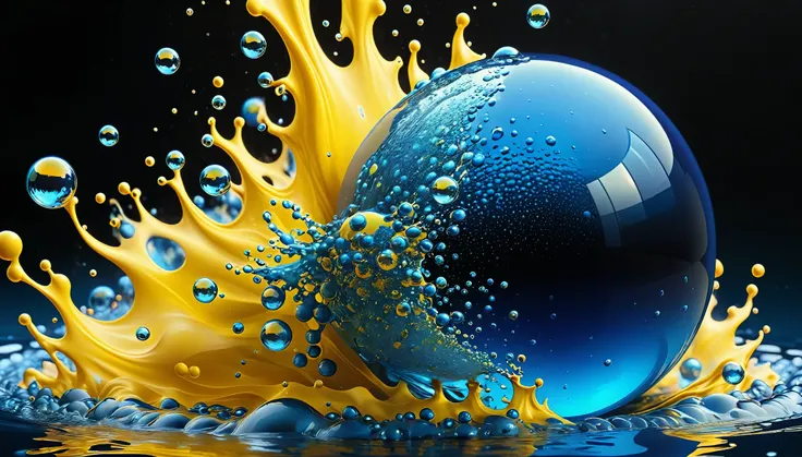 image of a blue ball with bubbles and yellow flames, Water particules, Water particle in front, Bubbling liquids, liquid fire, ferro liquid of arbitrary shape, ferro liquid oceans, Water particles, psychedelic droplets of Water, colorful ferro liquid armor...