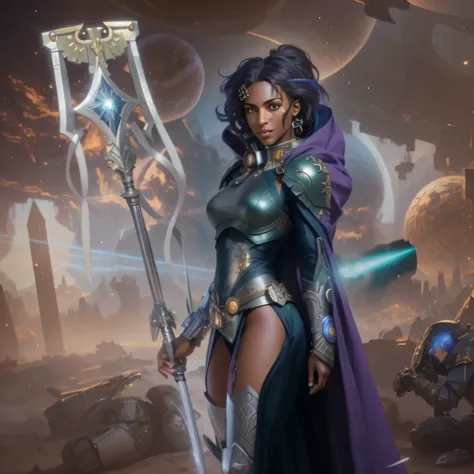 Black woman with thin nose, Athens people, Eagle staff of the Roman legionary Aquila, shaved on one side, warhammer 40k, cyborg, Sci-fi, black fantasy, kosmos, black girl (dark brown face), Wearing WH40K open purple dress and cape, Wearing chest armor with...