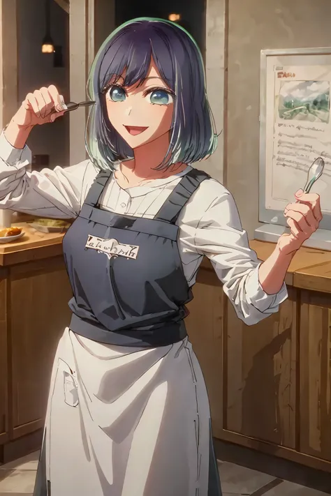 best quality, masterpiece, 1 girl, alone, beautiful eyes, big smile, very happy expression, home clothes, apron, cooking, kitchen background