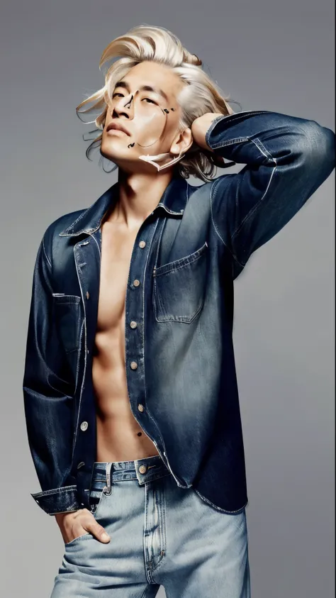 a asian man, model, platinum medium hair falling loosely and naturally over his face with soft waves, has visible freckles on nose andcheckbones, fair shaved skin, dark and expressive eyes, and natural lips, shooting to a fashion editorial of Calvin Klein ...